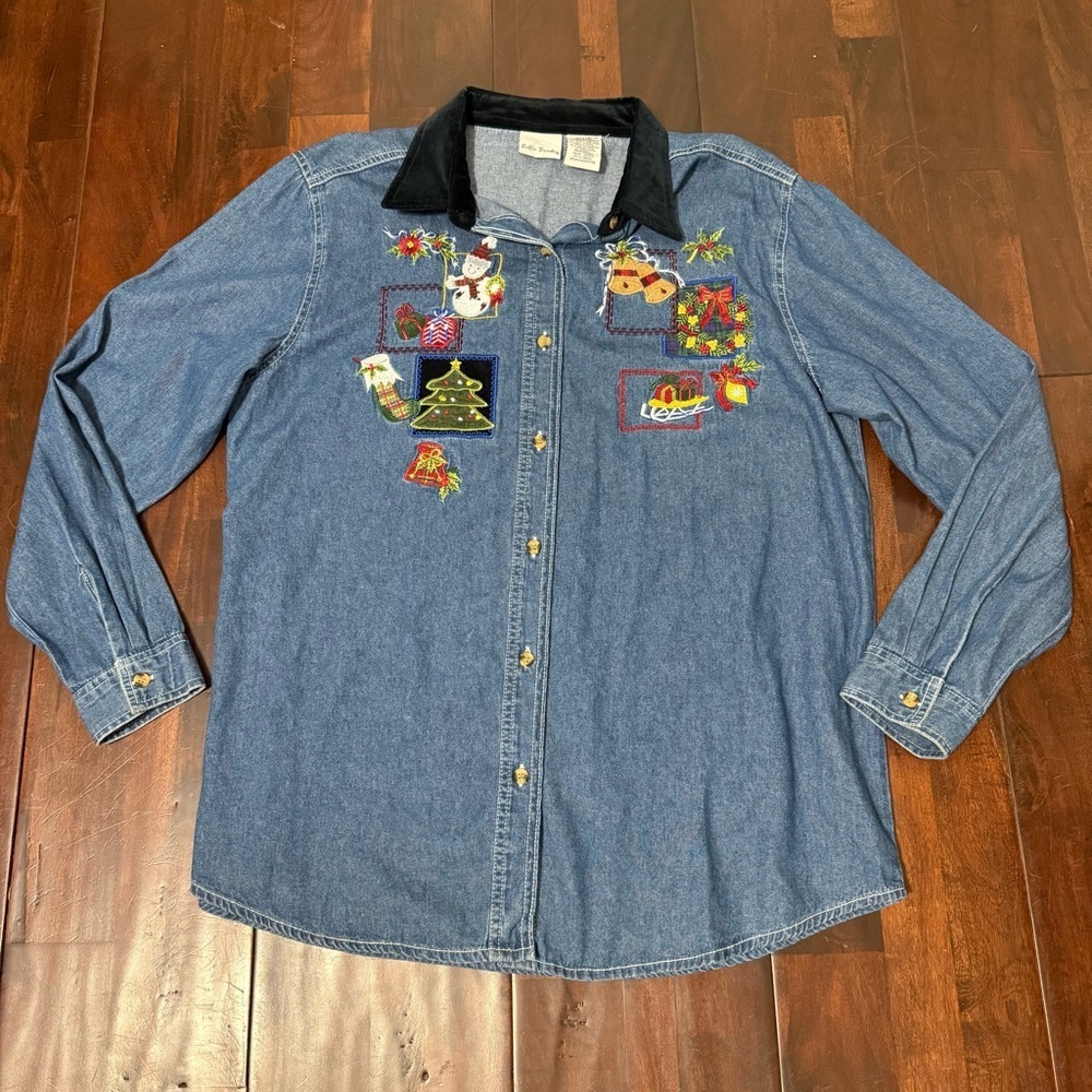 Vintage Bobbie Brooks Velvet Collar Christmas Embroidered Denim Button Up XL